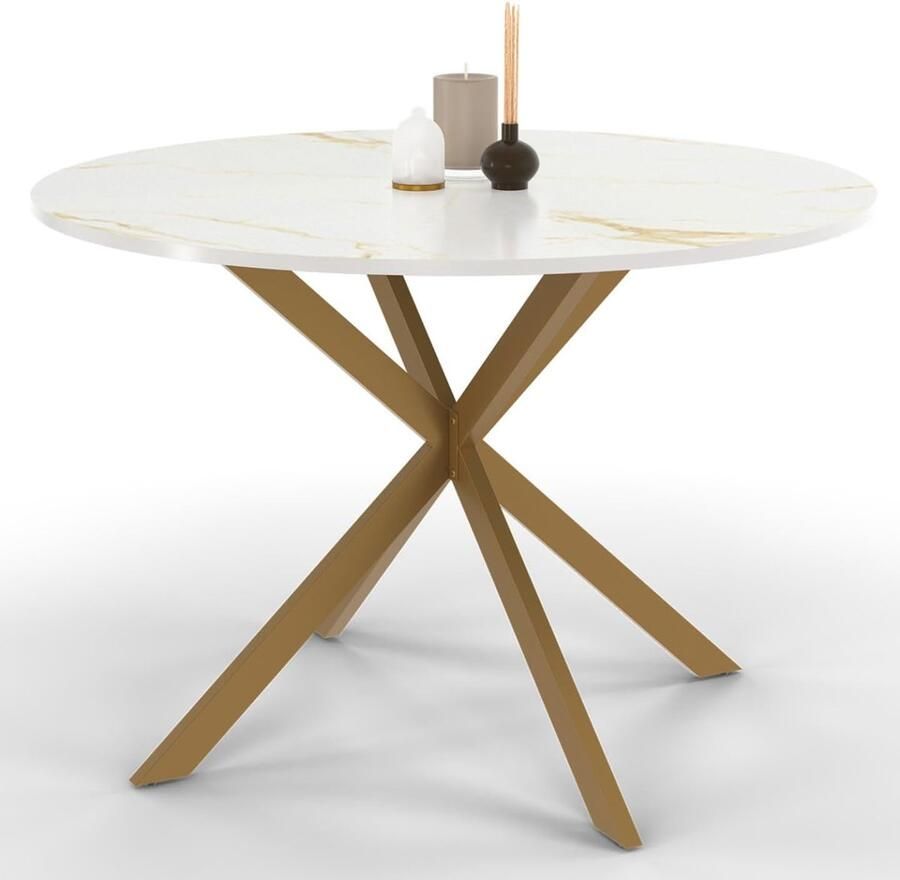 Eettafel Rond – 110 cm Alaska Model met Spinnenvoet in Messing en Gouden Marmereffect Luxe en Modern Meubel voor 6 Personen
