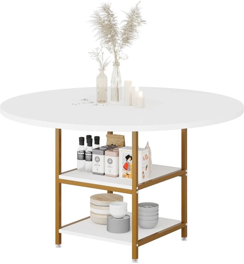 Eettafel Rond Eettafel Rond 120cm Boerderijkeukentafel 4-6 Personen 2-Laags Opbergrek Multifunctioneel Wit Goud