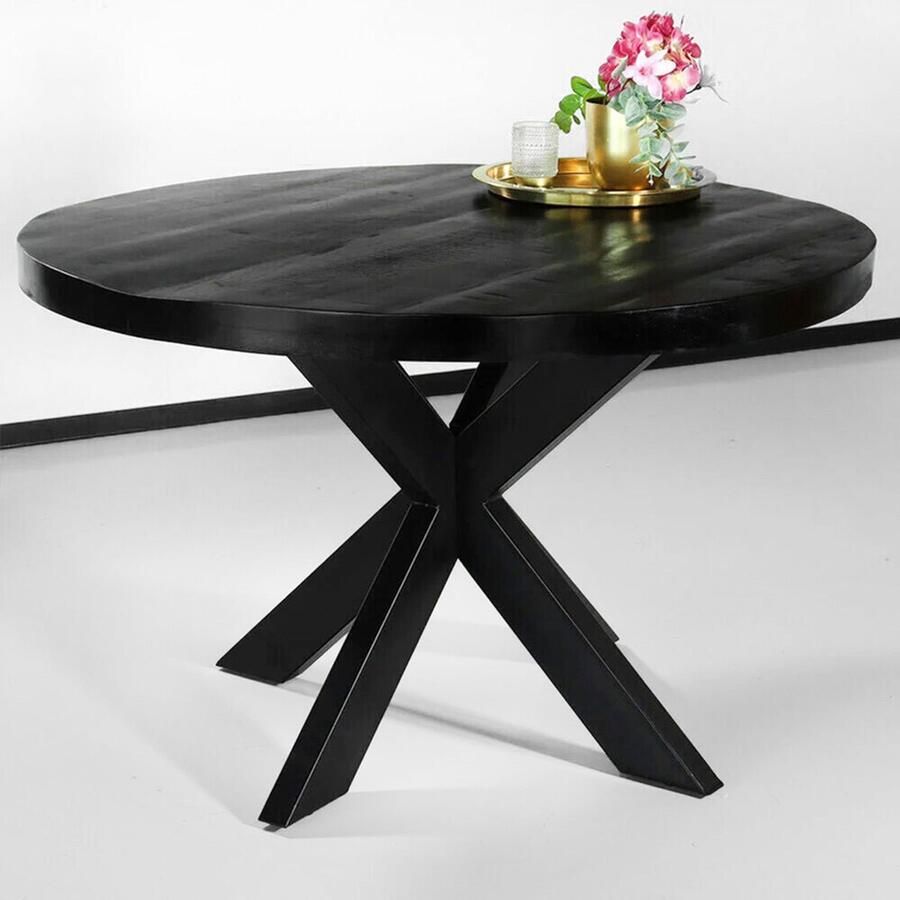 Lizzely Garden & Living Eettafel rond mangohout 120cm Jones zwart ronde industriële tafel duurzaam mango eetkamertafel - Foto 3