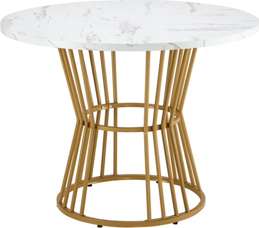Eettafel Salontafel Multifunctionele tafel met imitatie marmerlook en stevig metalen frame in goudkleurige trendy lijnen geschikt voor eetkamer woonkamer keuken 100×100×75 cm wit + goud