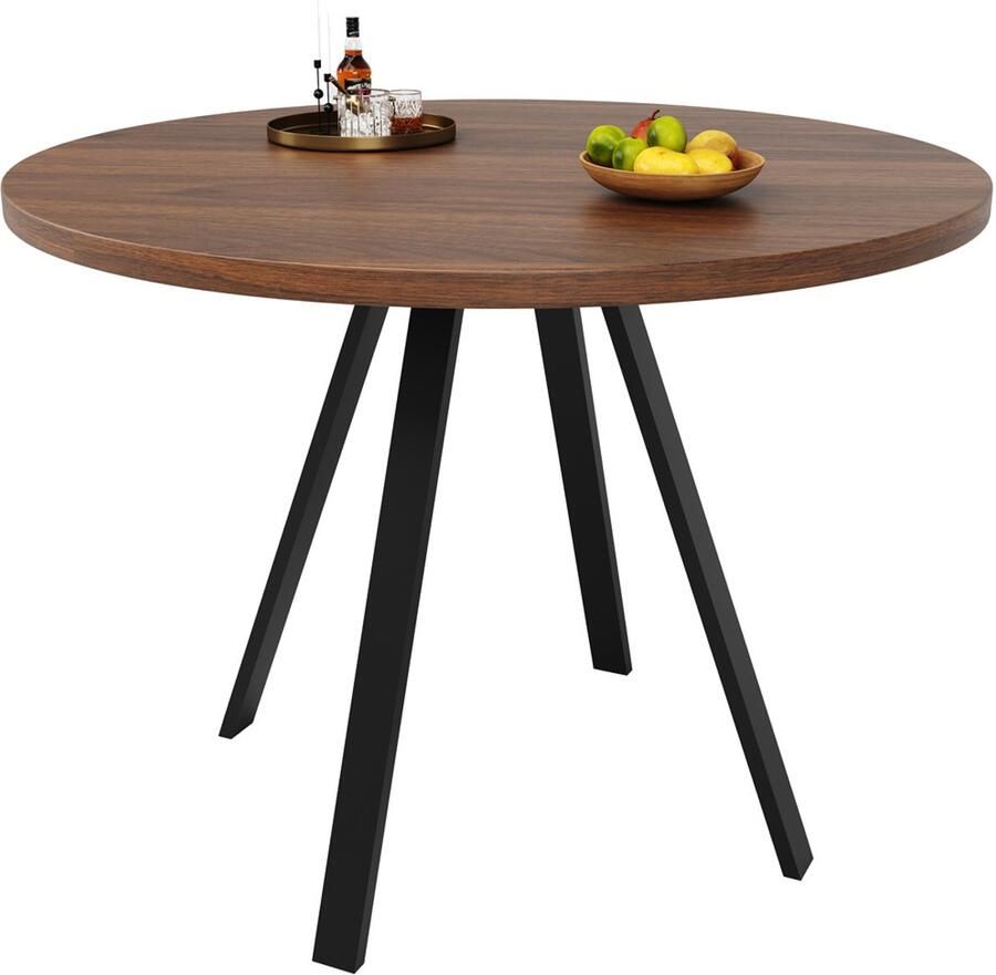 Eettafel Salontafel Multifunctionele tafel Ronde salontafel voor 4 personen Tafelblad met houtnerflook en 4 zwarte metalen tafelpoten Geschikt voor eetkamer woonkamer 80×80×75 cm Houtkleur+Zwart