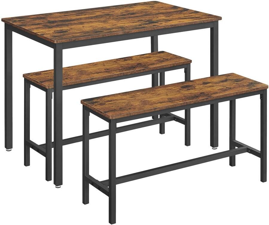 Eettafel set 3-delig – VASAGLE – Industrieel design – Tafel 70x110x75 cm + 2 banken 30x97x50 cm – Ruimtebesparend – Houtlook & zwart staal – Geschikt voor 4 personen