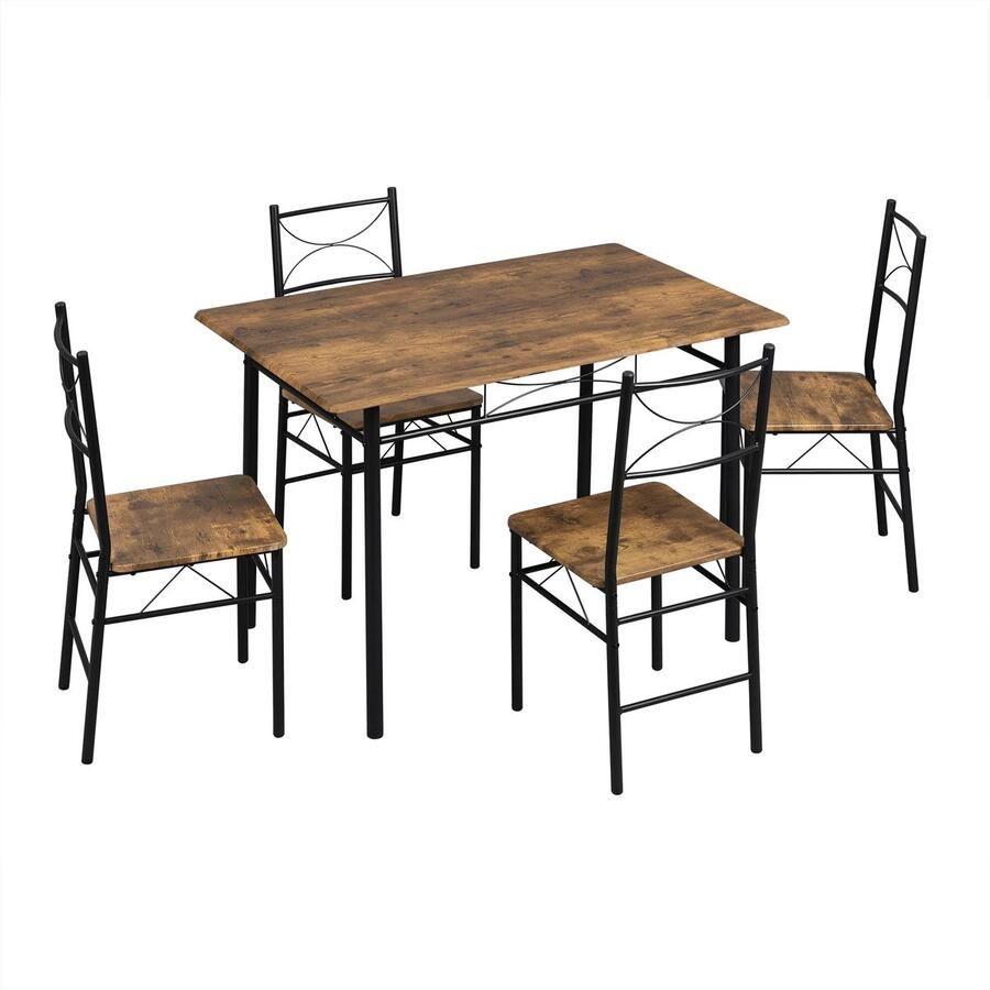 Eettafel set – 4 stoelen – Rustiek bruin – Metalen frame – Rechthoekige keukentafel – 110x70x76 cm – Compact en ruimtebesparend – Comfortabele zithoogte – Draagkracht tafel 50 kg – Stoelen 136 kg
