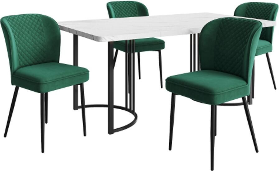 Eettafel Set 5-delig 140x80x75cm Groen Fluwelen Eetkamerstoelen Met Rugleuning MDF Tafelblad Wit Rechthoekige Tafel Modern Ontwerp Voor Keuken Eetkamer