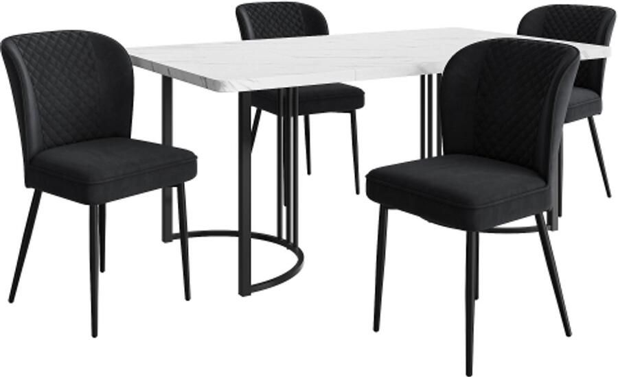 Eettafel Set 5-delig 140x80x75cm Zwart Fluwelen Eetkamerstoelen Met Rugleuning MDF Tafelblad Wit Rechthoekige Tafel Modern Ontwerp Voor Keuken Eetkamer