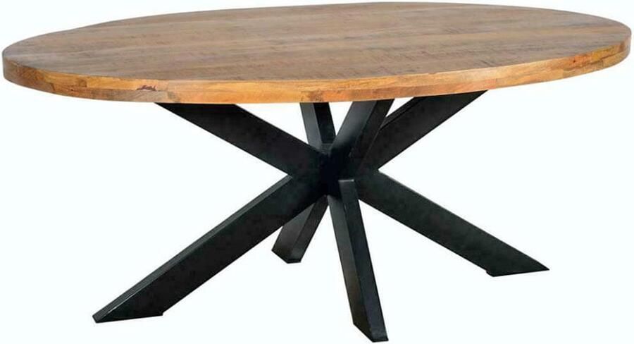 Eettafel Tafel Ovaal 5 cm dik Mango hout Naturel 220x100x77 Spinpoot metaal Mat gelakt