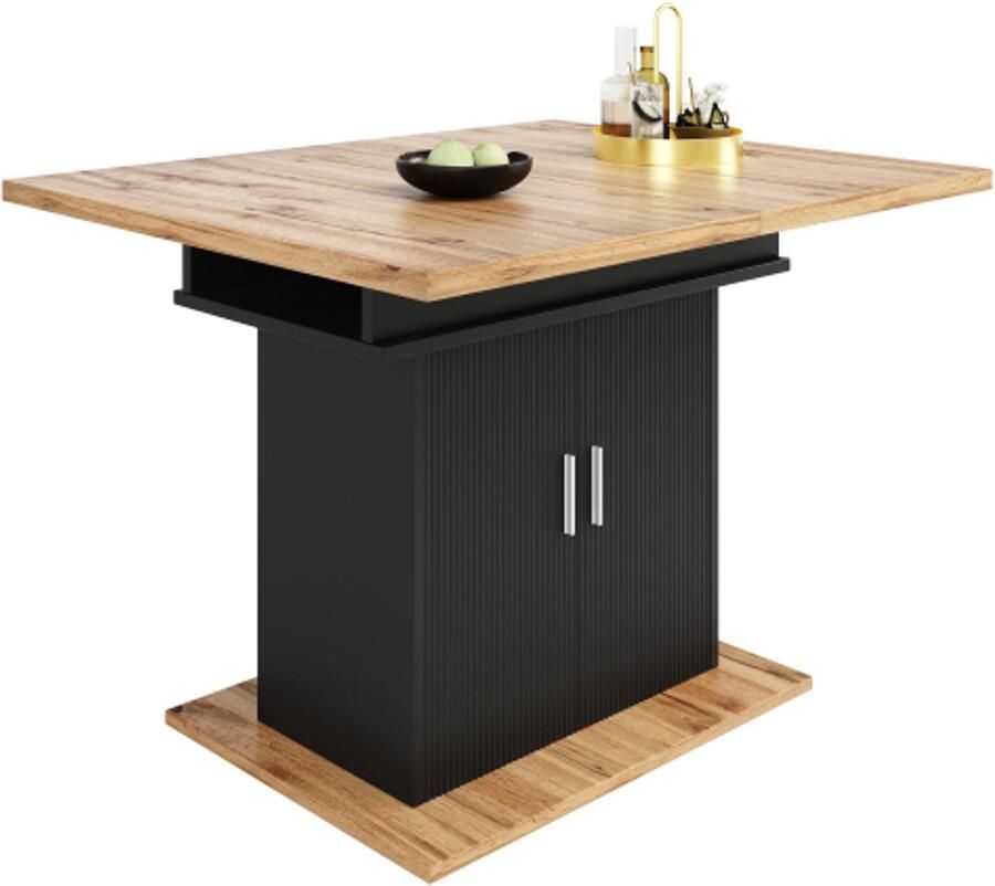 Zonder merk Gotagee Eettafel telescopische tafel (140×70cm) uitschuifbare eettafel met opbergruimte ruimtebesparende keukentafel met drie opbergniveaus voor keuken en woonkamer naturel + zwart