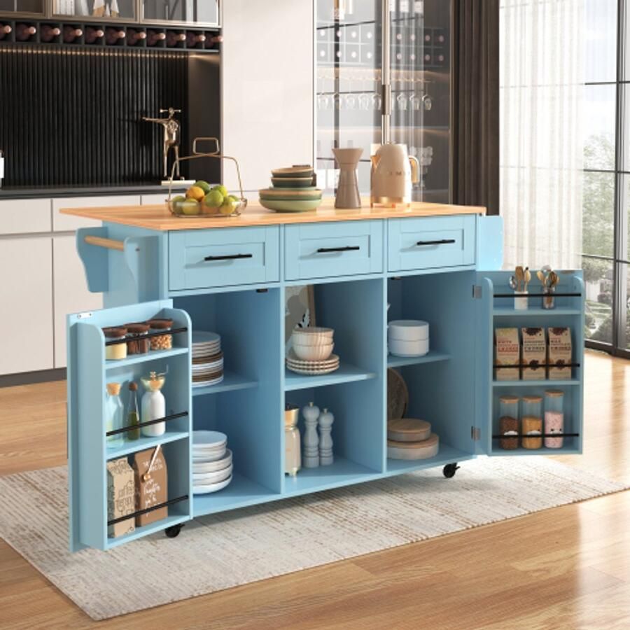 Learnlogic Eettafel dressoir 139x46(71)x91 5 cm groot blauwe body + werkblad in massief houtnerf opklapbaar werkblad opbergdeur wielen vervangbare poten van massief hout geschikt voor eetkamer keuken