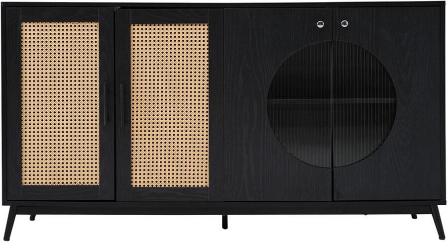 Eettafelkast Opbergkast Dressoir met 2 Deuren in Rattanontwerp en 2 Deuren met Halfronde Patronen 150x40x80 cm Zwart