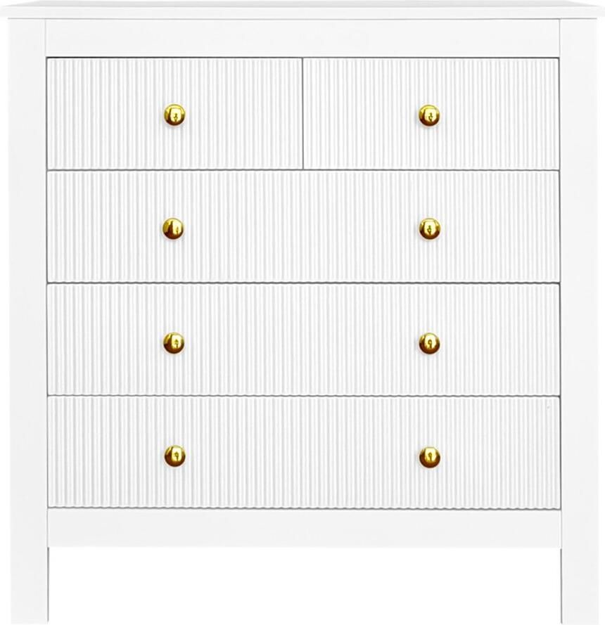 Eettafelkast opbergkast laadkast zijkast met 4 grote laden en gouden metalen ronde handgrepen verticale strepenontwerp op de laadoppervlakken 79x38 5x80 5 cm wit