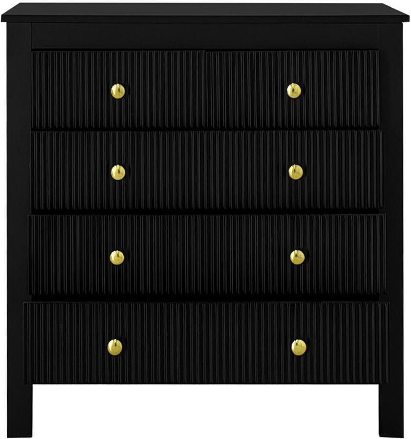 Eettafelkast opbergkast laadkast zijkast met 4 grote laden en gouden metalen ronde handgrepen verticale strepenontwerp op de laadoppervlakken 79x38 5x80 5 cm Zwart