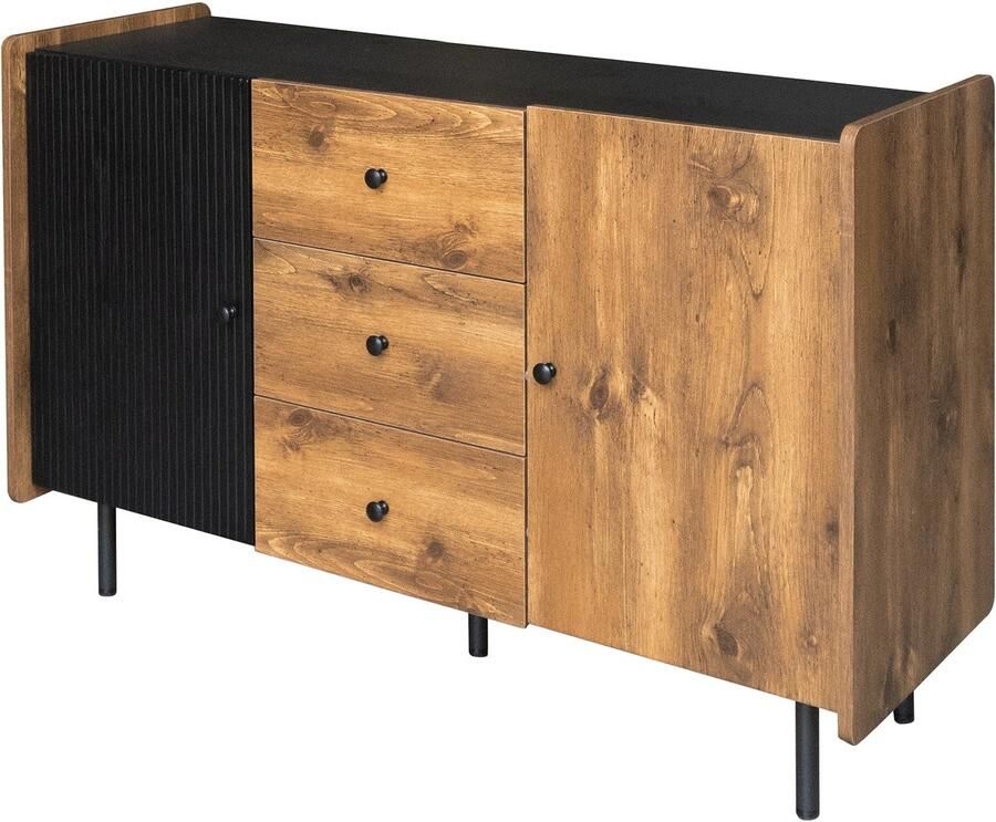 Eettafelkast opbergkast zijkast met 3 laden en 2 deuren ontwerp met houtachtige texturen gecombineerd met zwarte panelen met verticale golvende strepen modern minimalistisch design 120x40x70cm houtkleur