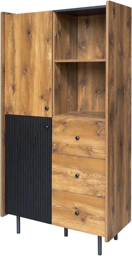 Eettafelkast zijkast opbergkast met 2 open compartimenten 3 laden en een verborgen opbergruimte ontwerp met houtachtige texturen gecombineerd met zwarte panelen met verticale golvende strepen 83x40x160 cm houtkleur