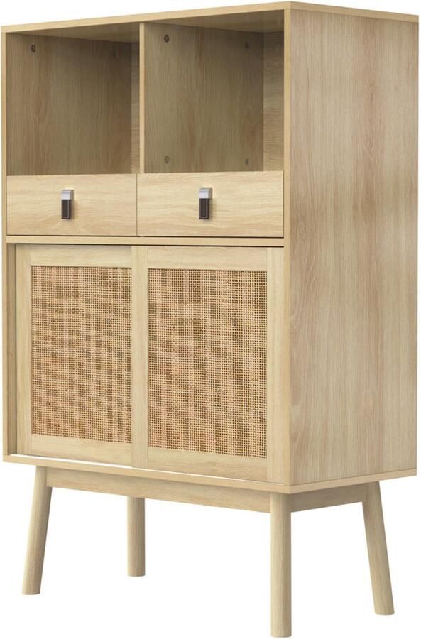 Eettafelkasten opbergkast zijkast met 2 laden 2 open compartimenten en 2 schuifdeuren met rotanontwerp ontwerp met hoge kastpoten 80 x 39 5 x 120 cm houten kleur