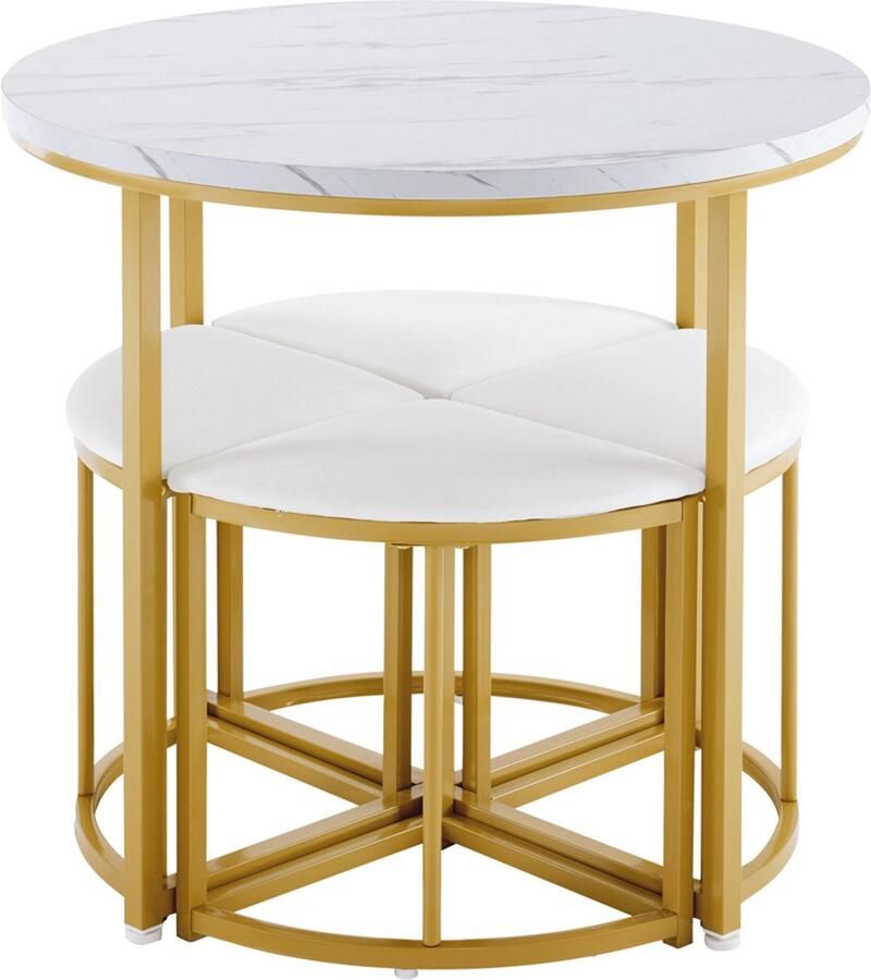 Eettafelset 5-delig met ruimtebesparend stapelbaar ontwerp inclusief 1 tafel met imitatie-marmerlook en 4 witte krukken