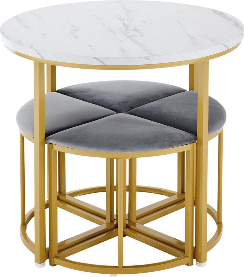Eettafelset 5-delig met ruimtebesparend stapelbaar ontwerp inclusief 1 tafel met imitatie-marmerlook en 4 grijze krukken