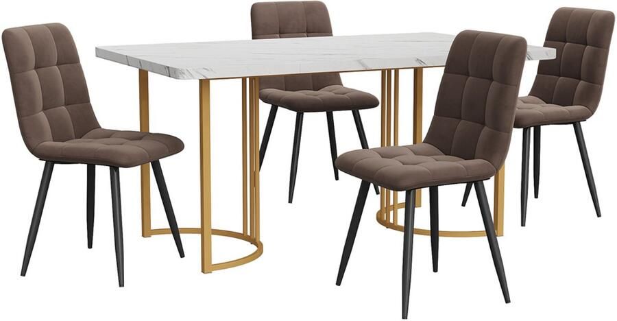 GOTAGEE Eetset (5-delig) Eettafel met 4 stoelen set Bruin Fluweel Eetkamerstoelen Keukentafelset met Gouden metalen poten MDF tafelblad in wit