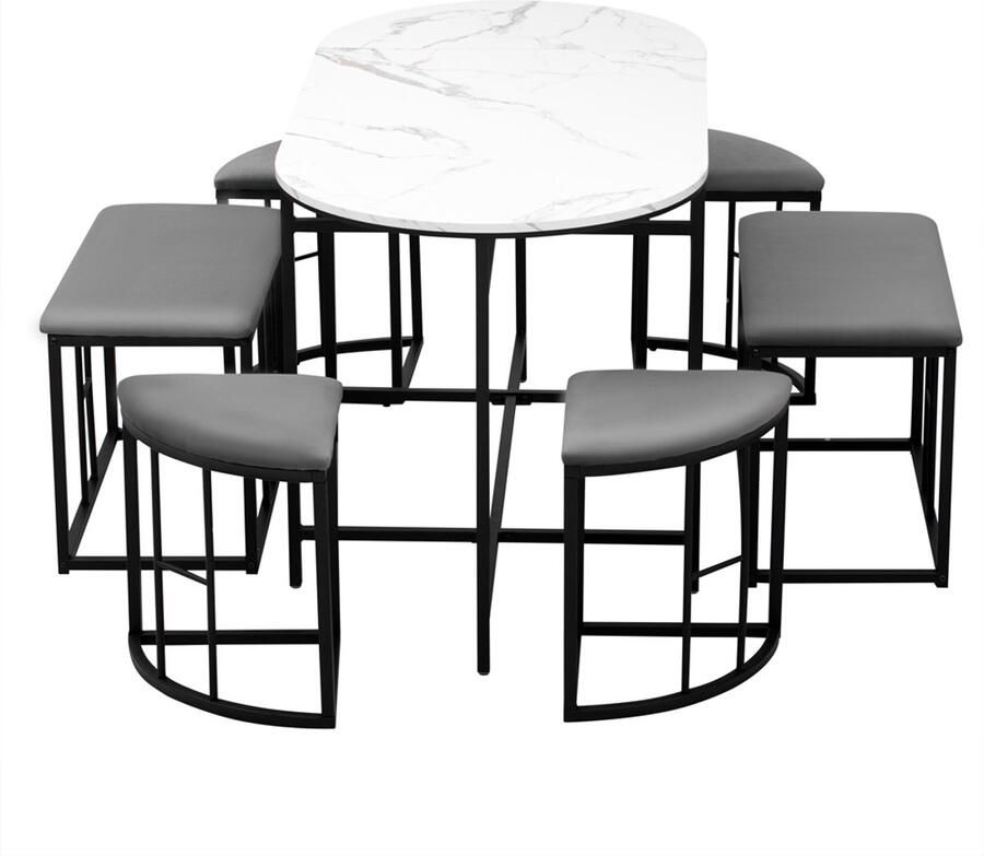 Eettafelset 7-delig multifunctionele meubelset met een ovale tafel van 140x70 cm met een tafelblad in imitatie marmerlook en zes grijze krukken stevige zwarte metalen onderstellen