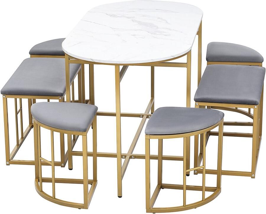Eettafelset 7-delig multifunctionele meubelset met een ovale tafel van 140x70 cm met een tafelblad in imitatie marmerlook en zes grijze krukken stevige gouden metalen onderstellen