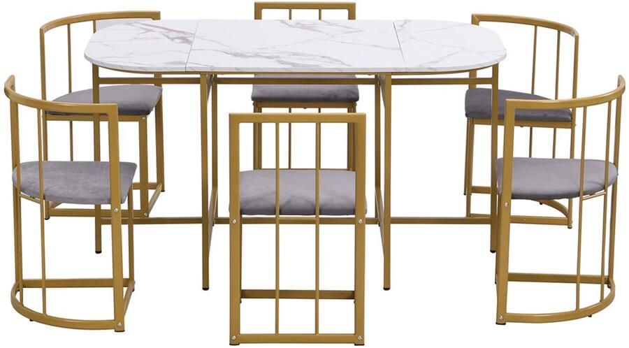 Eettafelset 7-delig multifunctionele meubelset met een ovale tafel van 140x80 cm met een tafelblad in imitatie marmerlook en zes grijze stoelen met rugleuning en zitkussen stevige gouden metalen onderstellen