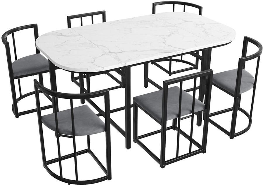 Eettafelset 7-delig multifunctionele meubelset met een ovale tafel van 140x80 cm met een tafelblad in imitatie marmerlook en zes grijze stoelen met rugleuning en zitkussen stevige zwarte metalen onderstellen