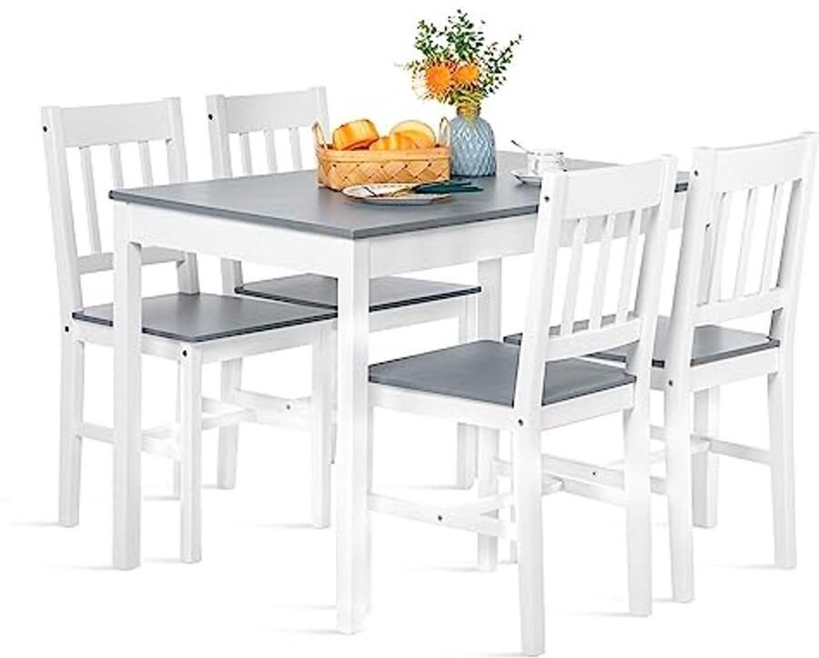 Eettafelset met 4 Stoelen Grijze en Witte Eetgroep van Grenenhout voor Eetkamer Keuken en Woonkamer