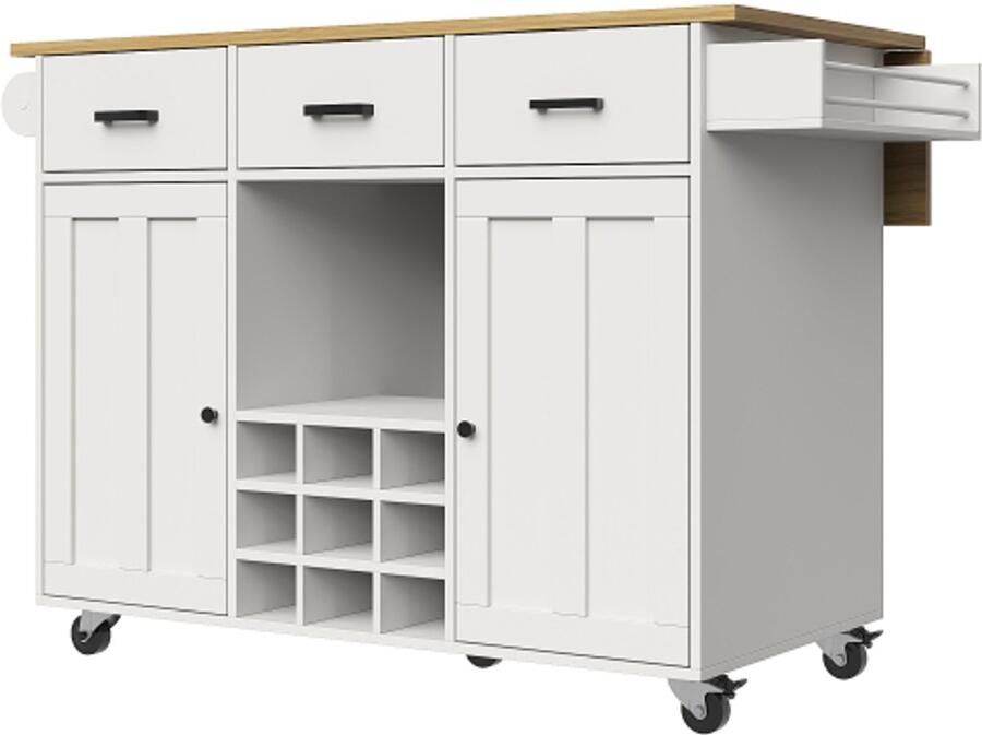 GOTAGEE Eetwagen keukenwagen uitneembare eetwagen met werkblad handdoekhouder en kruidenrek verstelbare verdelers buffetkast keukenkasten tafelblad met houtnerf wit