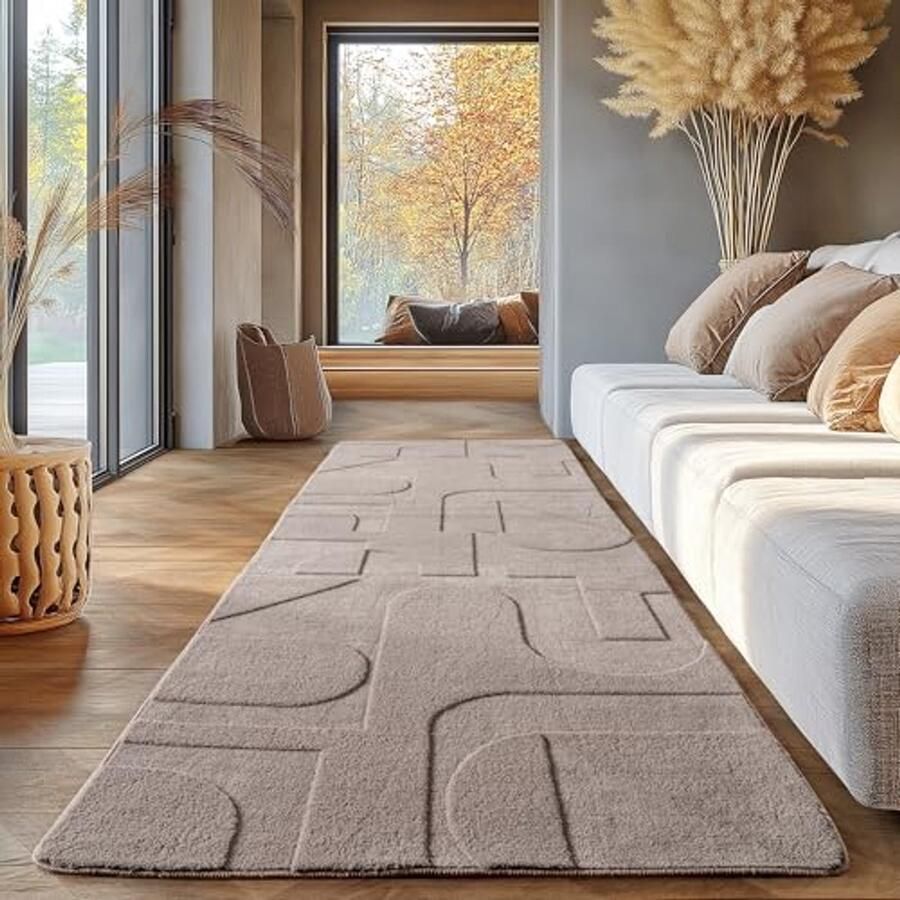 Effen Beige Scandinavisch Tapijt 80x250 cm Wasbaar Laagpolig Vloerkleed voor Woonkamer en Slaapkamer