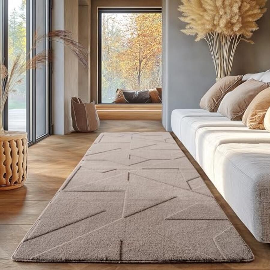 Effen Beige Vloerkleed 80x250 cm Wasbaar Laagpolig Decoratief Tapijt voor Woonkamer en Slaapkamer