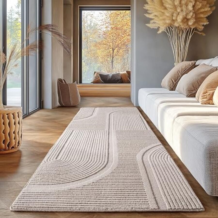 Effen Crème Vloerkleed 80x250 cm Bohemian en Wasbaar Laagpolig Tapijt voor Woonkamer en Slaapkamer