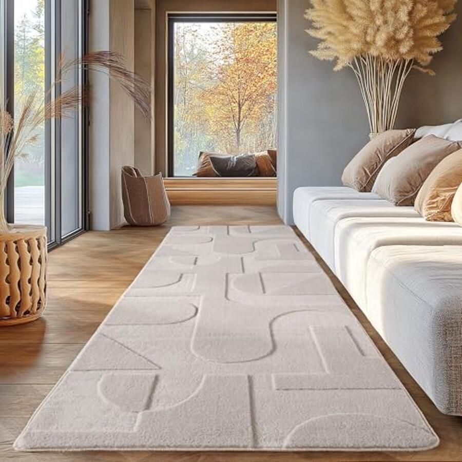 Effen Crème Vloerkleed 80x250 cm Wasbaar Laagpolig Tapijt voor Woonkamer en Slaapkamer