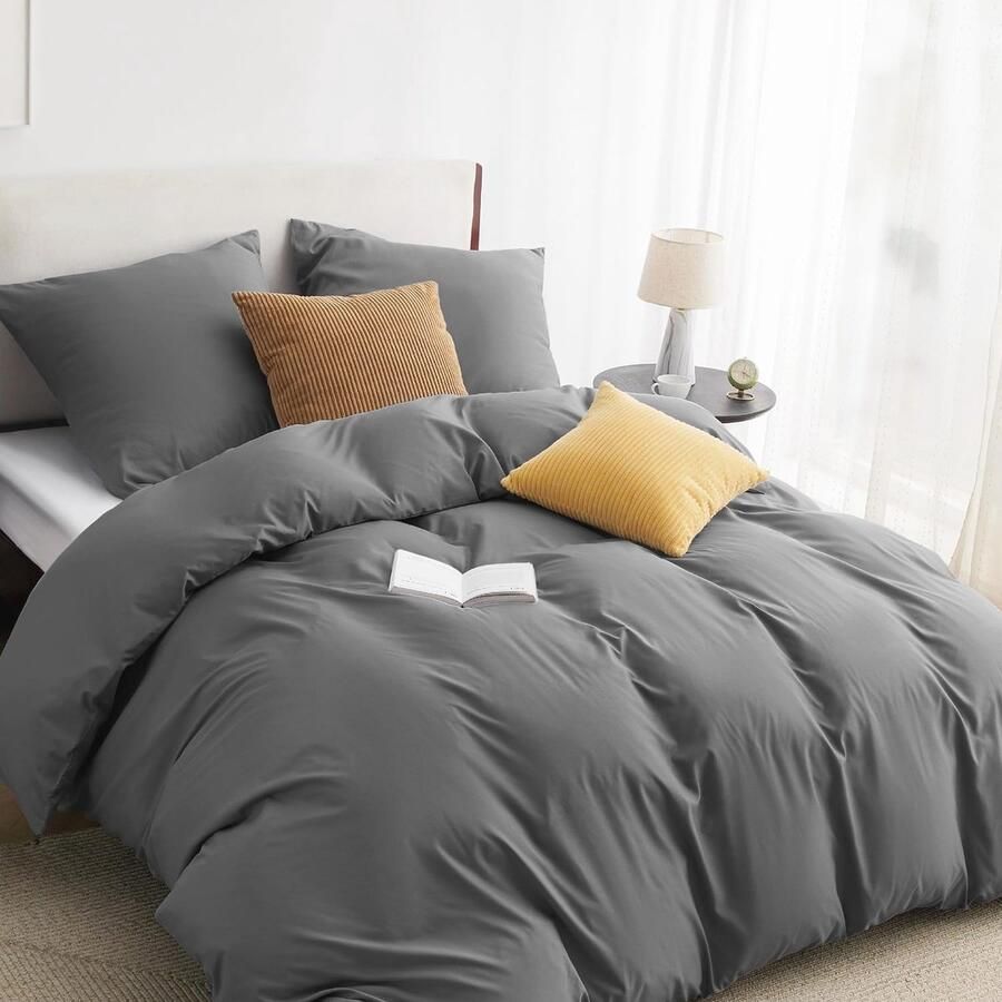 Effen Grijs Beddengoed 240 x 220 cm met Kussenslopen Microvezel Geschikt voor eenpersoonsbed