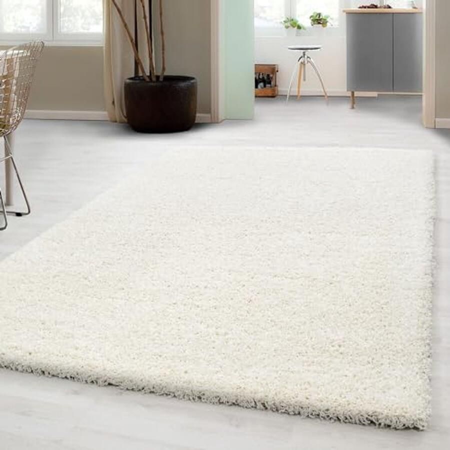 Effen Hoogpolig Vloerkleed Creme Shaggy voor Woonkamer en Slaapkamer 120 x 170 cm