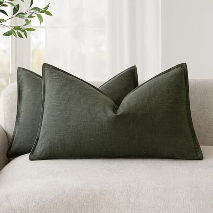 Effen Linnen Kussenhoezen 30 x 50 cm Set van 2 Decoratieve Kussenslopen voor Woonkamer Slaapkamer en Bank Donkerolijfgroen