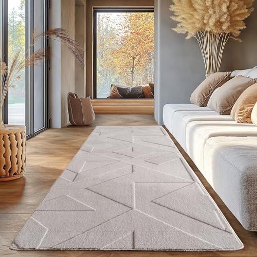 Effen Vloerkleed Crème 80x250 cm Bohemian Zacht en Wasbaar Vloerkleed voor Woonkamer en Slaapkamer