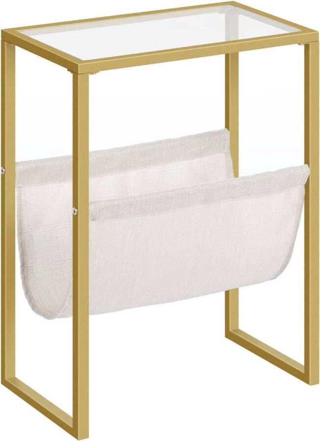 EGD66BZ01 Slank goud nachtkastje met tijdschriftenlus gemaakt van stof en glazen blad geschikt voor kleine ruimtes slaapkamer woonkamer kantoor eigentijdse stijl