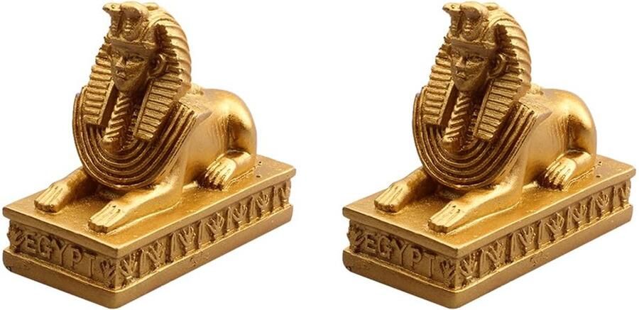 Egyptisch beeld hars Egyptische sfinx Grieks beeldhouwwerk bureau woondecoratie ornament voor thuiskantoordecoratie 2 stuks (goudkleurig)