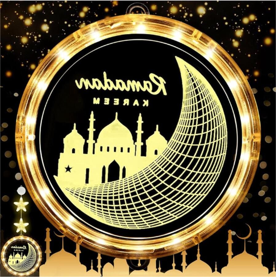 Eid Ramadan Decoratief Raamlicht Eid Ramadan Decoratieve Feeënlamp met Zuignap 2 x LED-Ster + 1 x 24 cm 3D-Ramadan Hangende Lampen Warmwit Werkt op Batterijen Voor Binnen Feestdecoratie