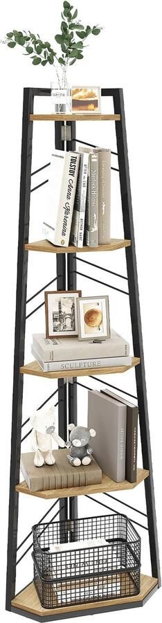 Eiken kleur hoekplank 5 niveaus Industriële boekenkast Houten ladderdesign voor woonkamer kantoor