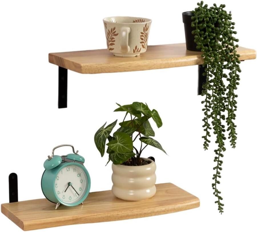 Eiken wandplanken massief hout multifunctioneel set van 2 zwarte L-beugels 42 cm