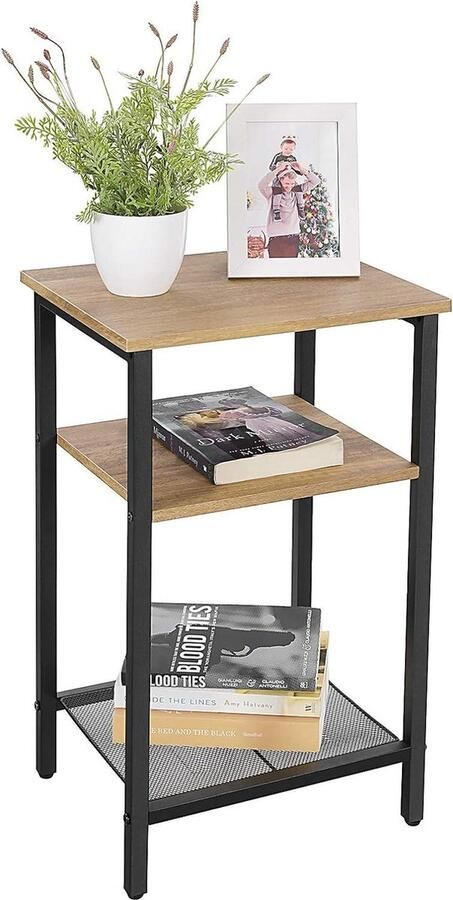 Einde bijzettafel en nachtkastje met 3 planken eenvoudige montage honingbruin en zwart woonkamer slaapkamer zwaar stalen frame Beside shelf