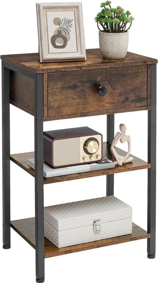 Eindtafel met Lade Open Opbergplank Eenvoudige Montage Rustiek Bruin Slaapkamer Woonkamer Nachtkastje