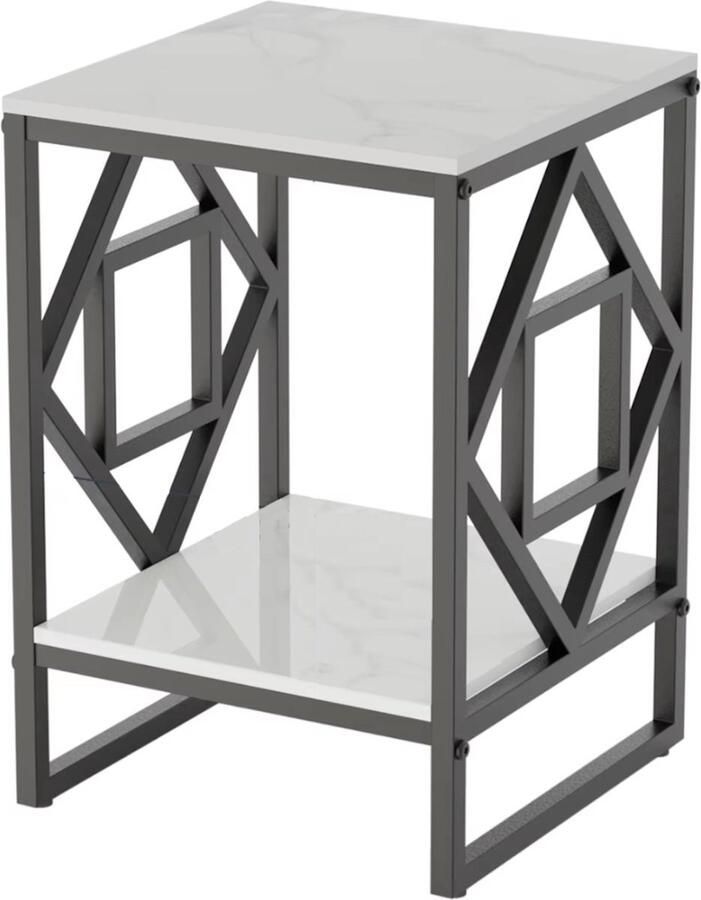 Eindtafel Vierkant Koffietafel Tafel naast de bank Nachtkastje Marmerlook Gesinterd steen Wit Zwart frame