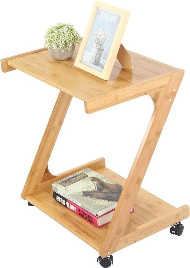 Ejoyous Bijzettafel met wieltjes kleine banktafel Z-vorm salontafel woonkamertafel bamboe koffietafel nachtkastje mobiel bedtafel laptoptafel voor koffie laptop 515 x 39 x 59 cm