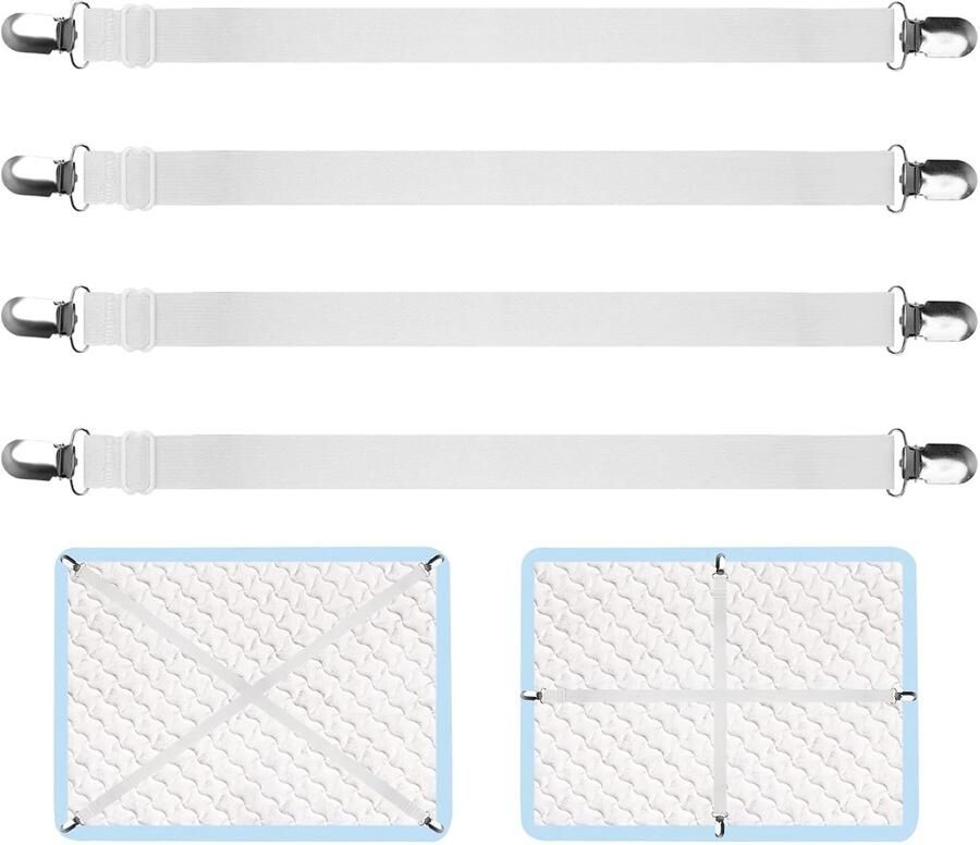 Elastic Cover Tensioners 4 Pieces Adjustable Bed Sheet Tensioners Wrinkle Free Bed Sheet Tensioners with Metal Clips for Sheet Mattress Ironing Board or Sofa