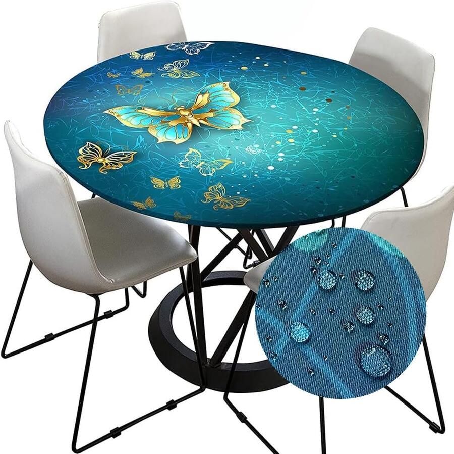 Elastisch tafelkleed met vlinderprint waterdicht rond diameter 120 cm blauw