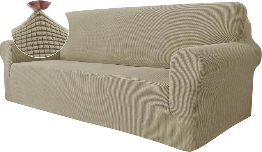 Elastische 3-zits Bankhoes voor Woonkamer Universele Rekbare Sofahoes met Anti-slip en Krasbestendige Bescherming Khaki