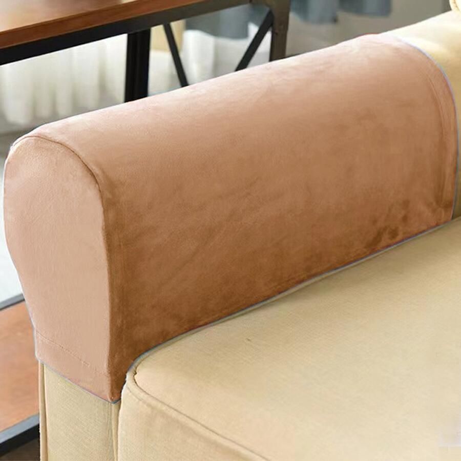 Elastische armleuninghoezen voor fauteuils elastische armleuninghoezen van fluwelen stof bankbescherming antislip wasbaar meubelbeschermhoes bankhoes 2-delig (Lichtbruin)