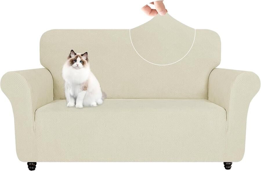 Elastische Bankhoes Voor 2-Zits Bank Met Armleuningen Krasbestendig Anti-Slip Beige