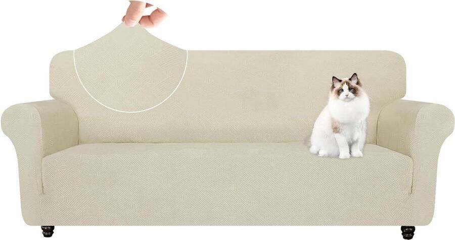 Elastische Bankhoes Voor 3-Zitsbank Met Armleuningen Universele Bankovertrek Voor Woonkamer Katten Krasbestendige Meubelhoes Met Anti-Slip Schuim Beige Bankhoes